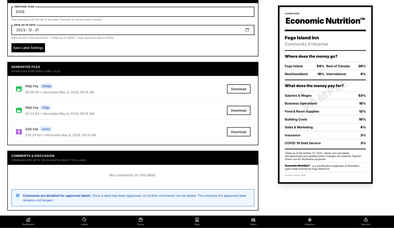 The generated files panel offering 300dpi PNG, 72dpi PNG, and SVG downloads for a published label