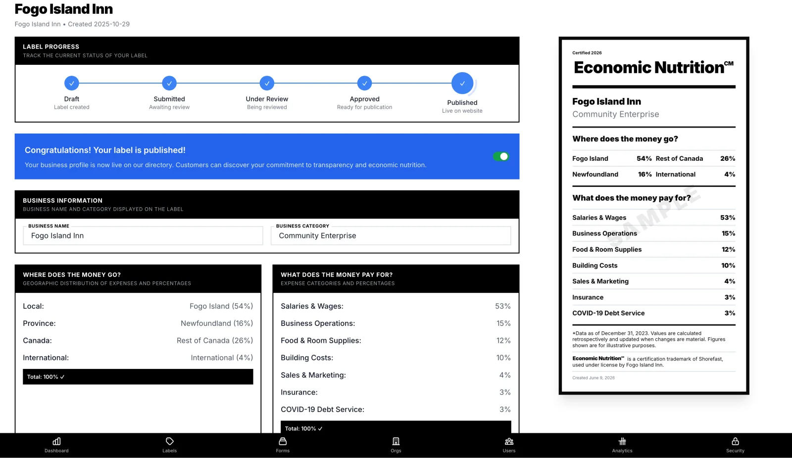 The internal label builder showing the approval workflow from draft through to published, alongside a live preview of the label